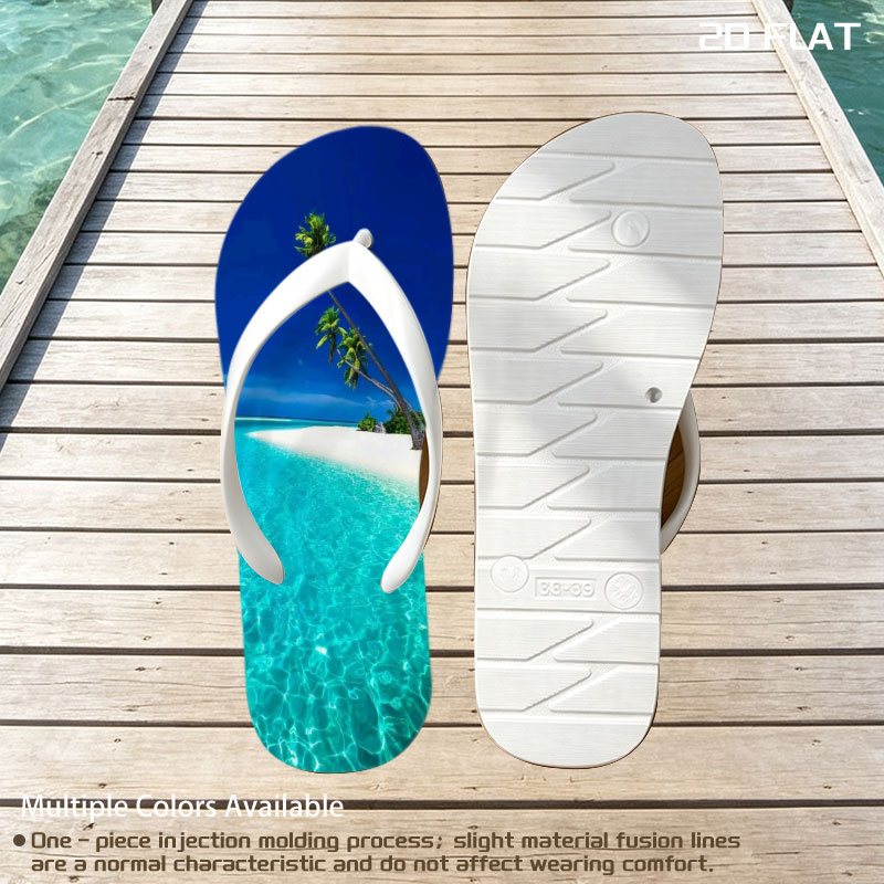 Serene tropical beach with crystal clear turquoise water and leaning palm trees under a vibrant blue sky. -  flip-flops