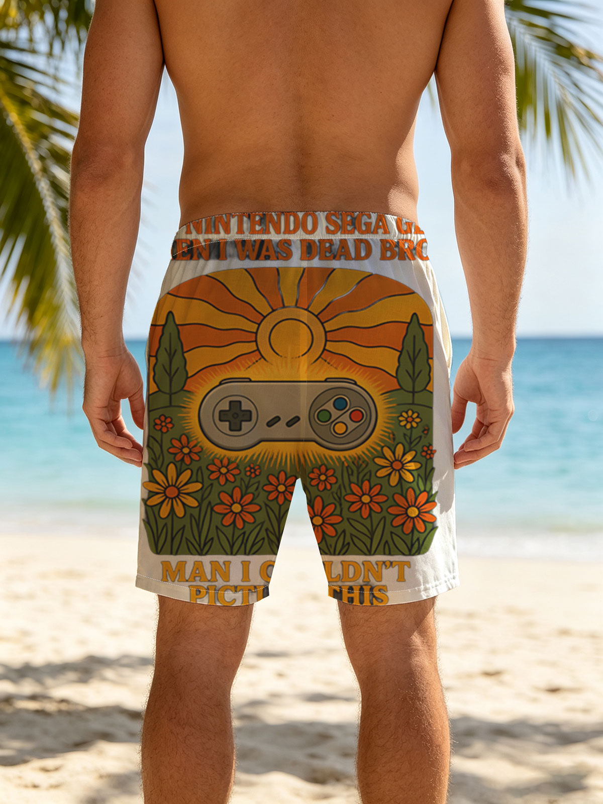 Super Nintendo Sega Genesis Controller in Sunflower Field: Nostalgic Gaming Memory -  Beach shorts