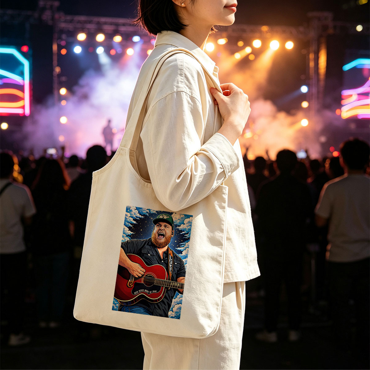 Luke Combs Singing with Acoustic Guitar Under Starry Sky - Canvas shoulder bags/