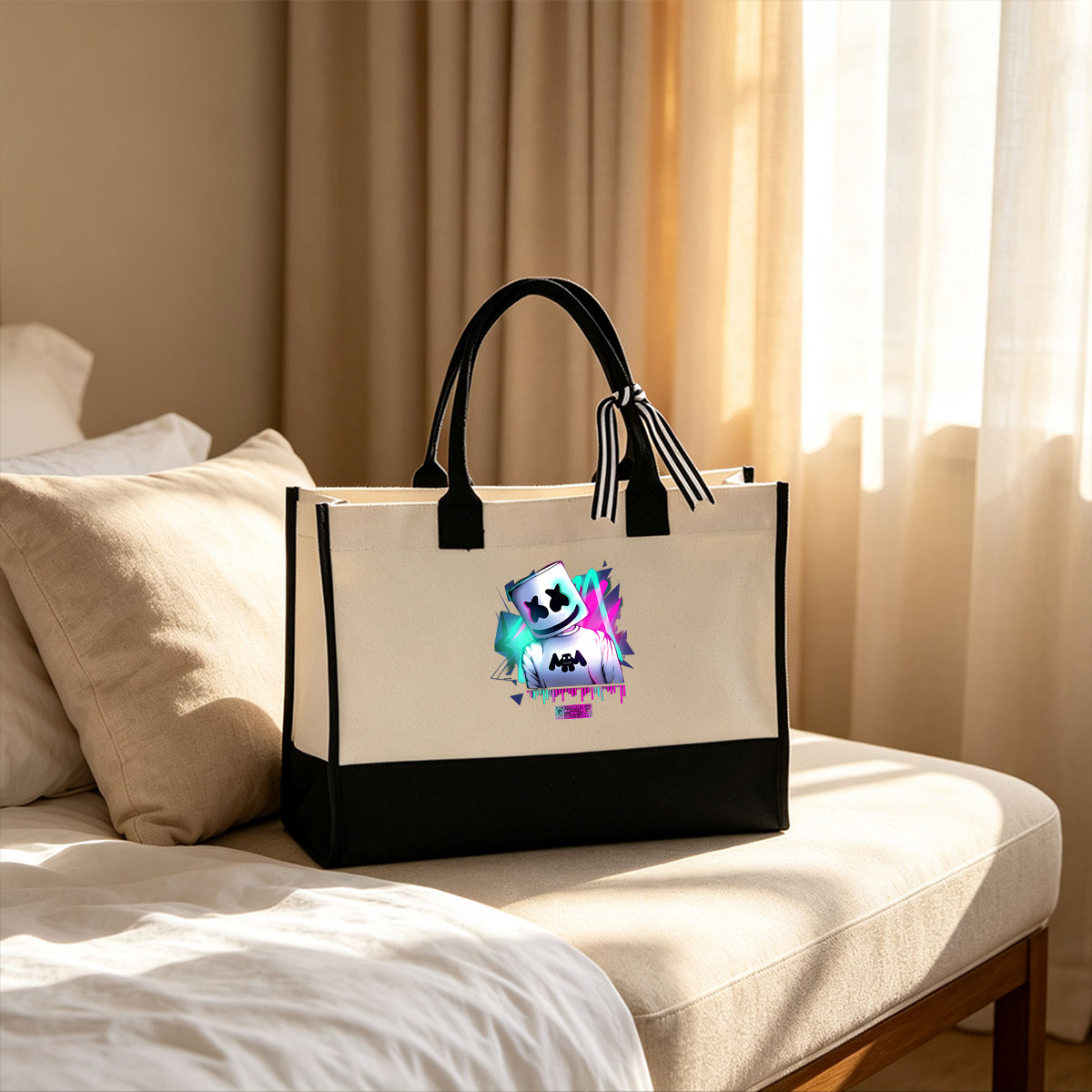 Marshmello DJ Performance with Neon Lights and Music Visualizer - Canvas patchwork gift tote bag