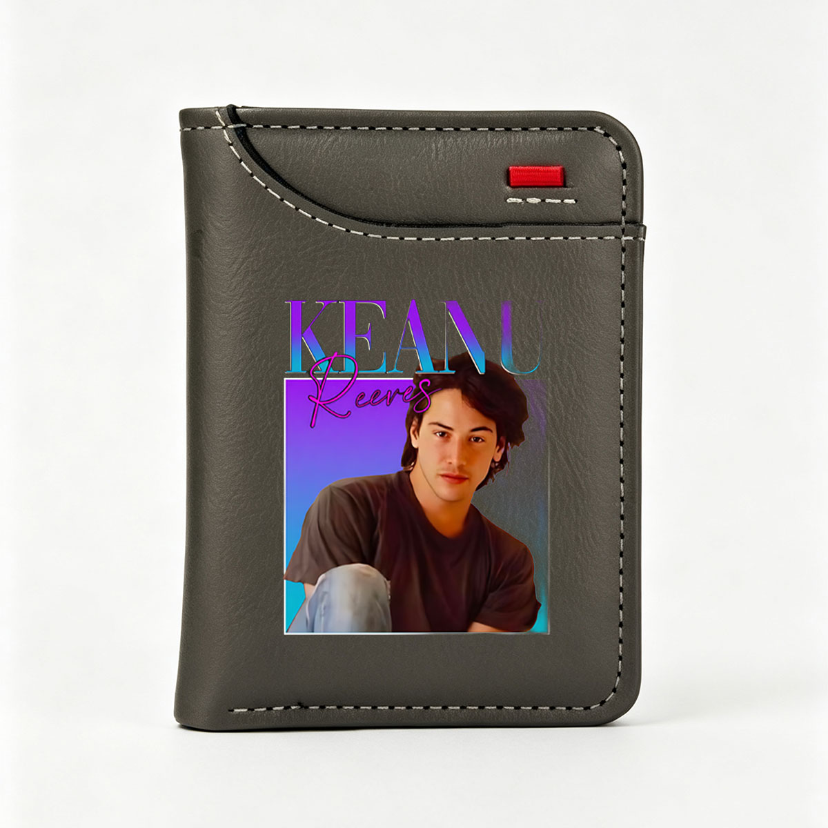 Keanu Reeves Portrait with Vibrant Background and Stylish Text Design - Vertical Style Wallet