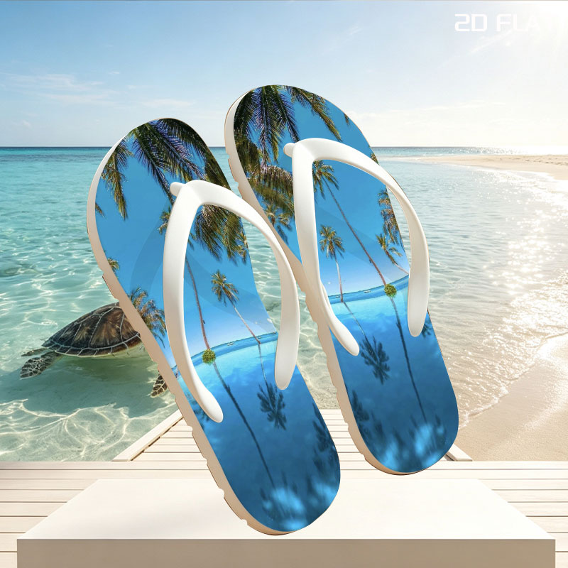 Tropical palm trees reflected in crystal-clear infinity pool under a vibrant blue sky. -  flip-flops