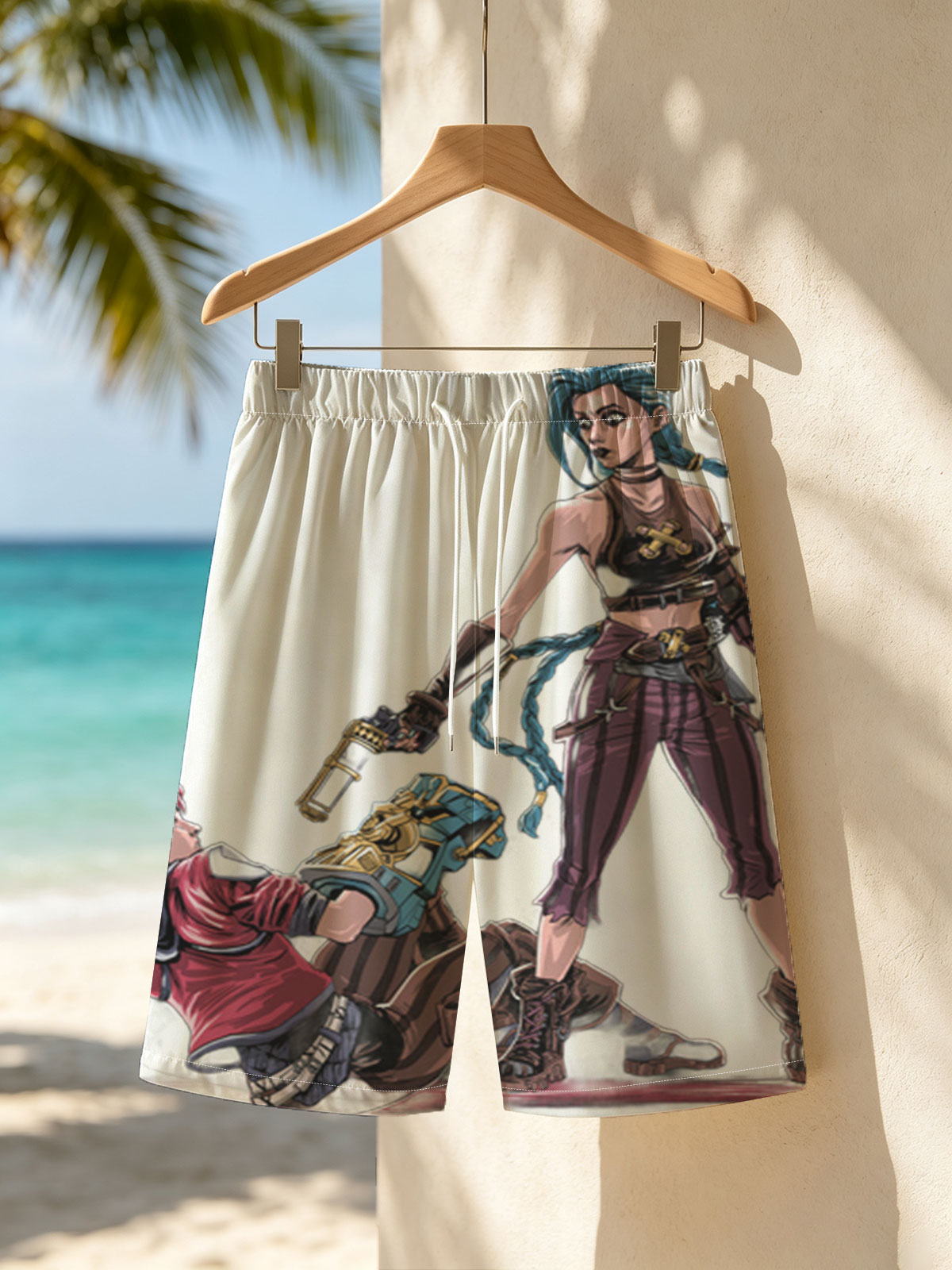 Blue-Haired Warrior and Pink-Haired Ally in Steampunk Combat Stance -  Beach shorts