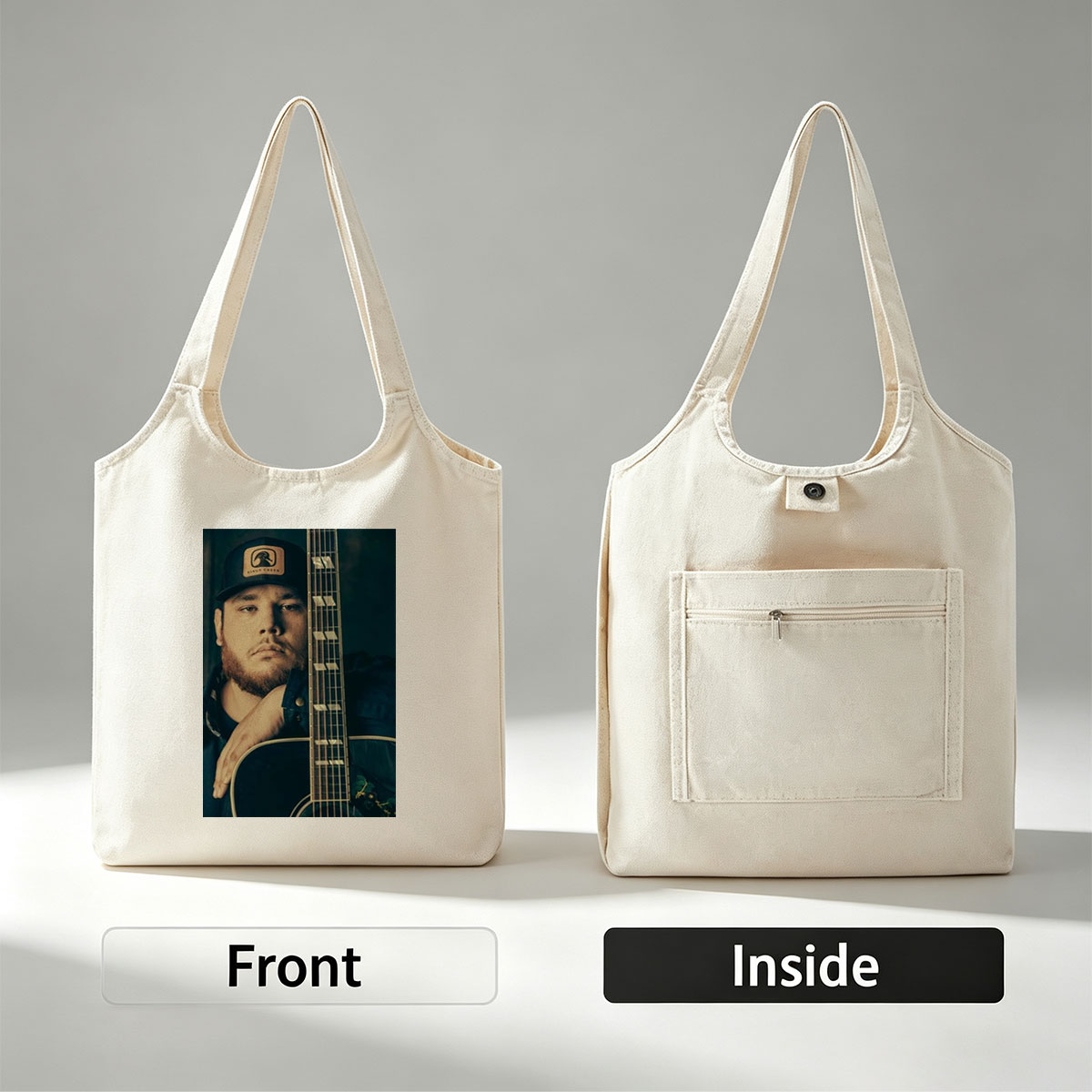 Luke Combs Holding Acoustic Guitar in Studio Portrait - Canvas shoulder bags/