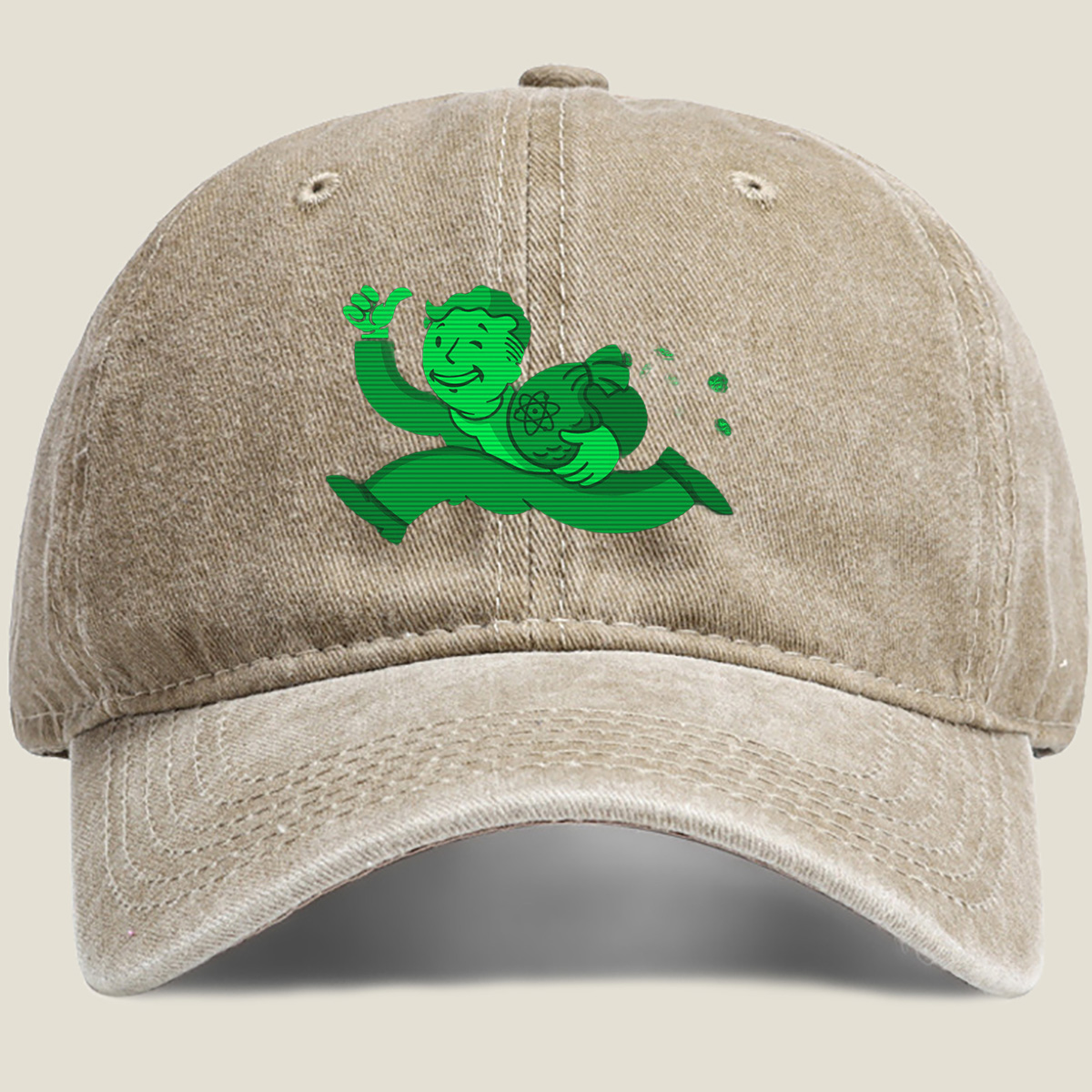 Vault Boy from Fallout Running with a Bag of Atoms - Washed Denim - Baseball Cap
