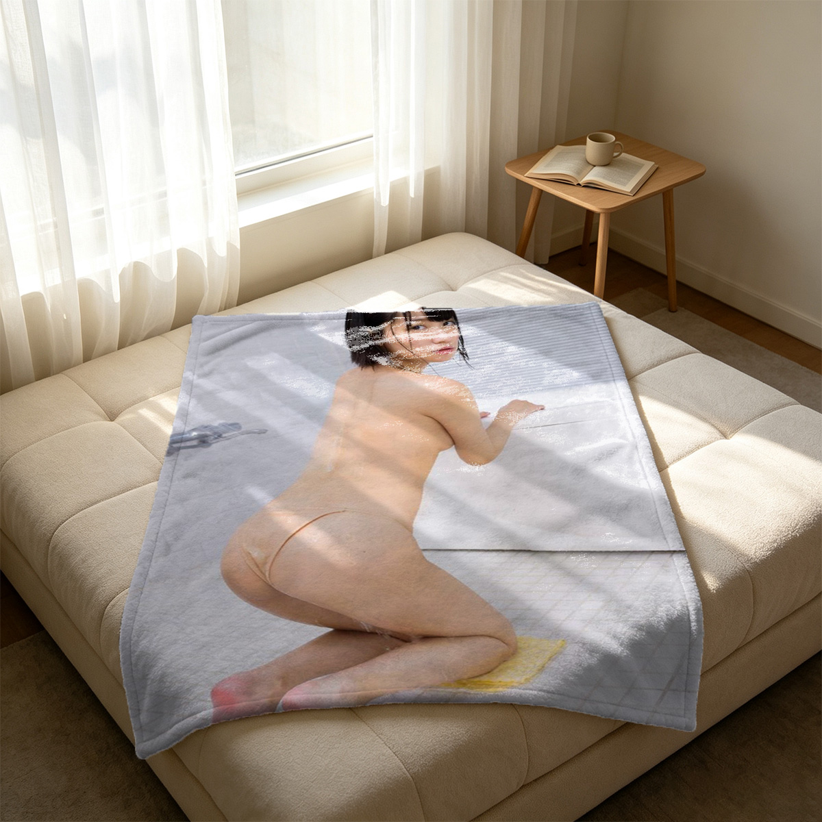 Salma Hayek smiling topless in bed - Blanket