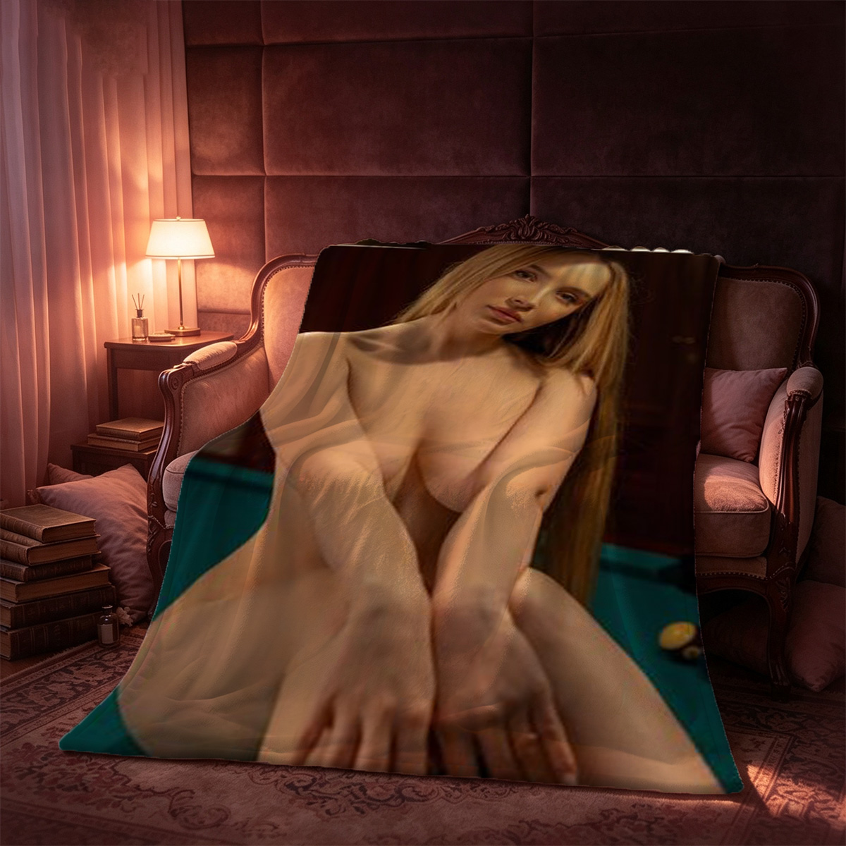 Nude Asian beauty in black tape pasties and sheer stockings poses seductively on bed with mirror reflection. - Blanket