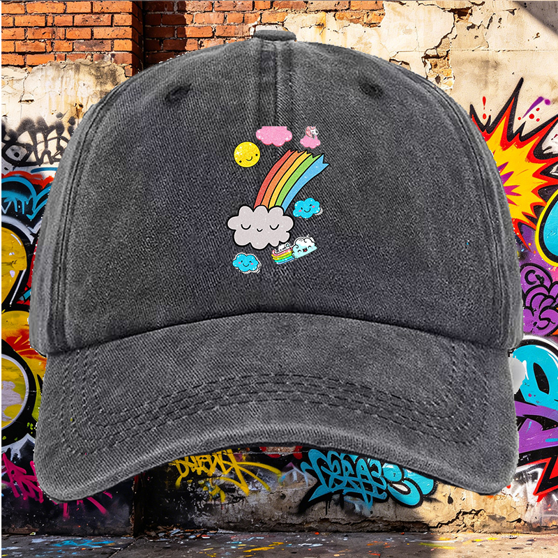 Men's Printed Washed Cap with Rainbow Clouds and Sparkle Sun Design - Casual Round Brim Summer Lightweight Hat for Outdoor Activities, Travel, and Daily Wear - Perfect for Young Adults and Trendy Urban Stylists