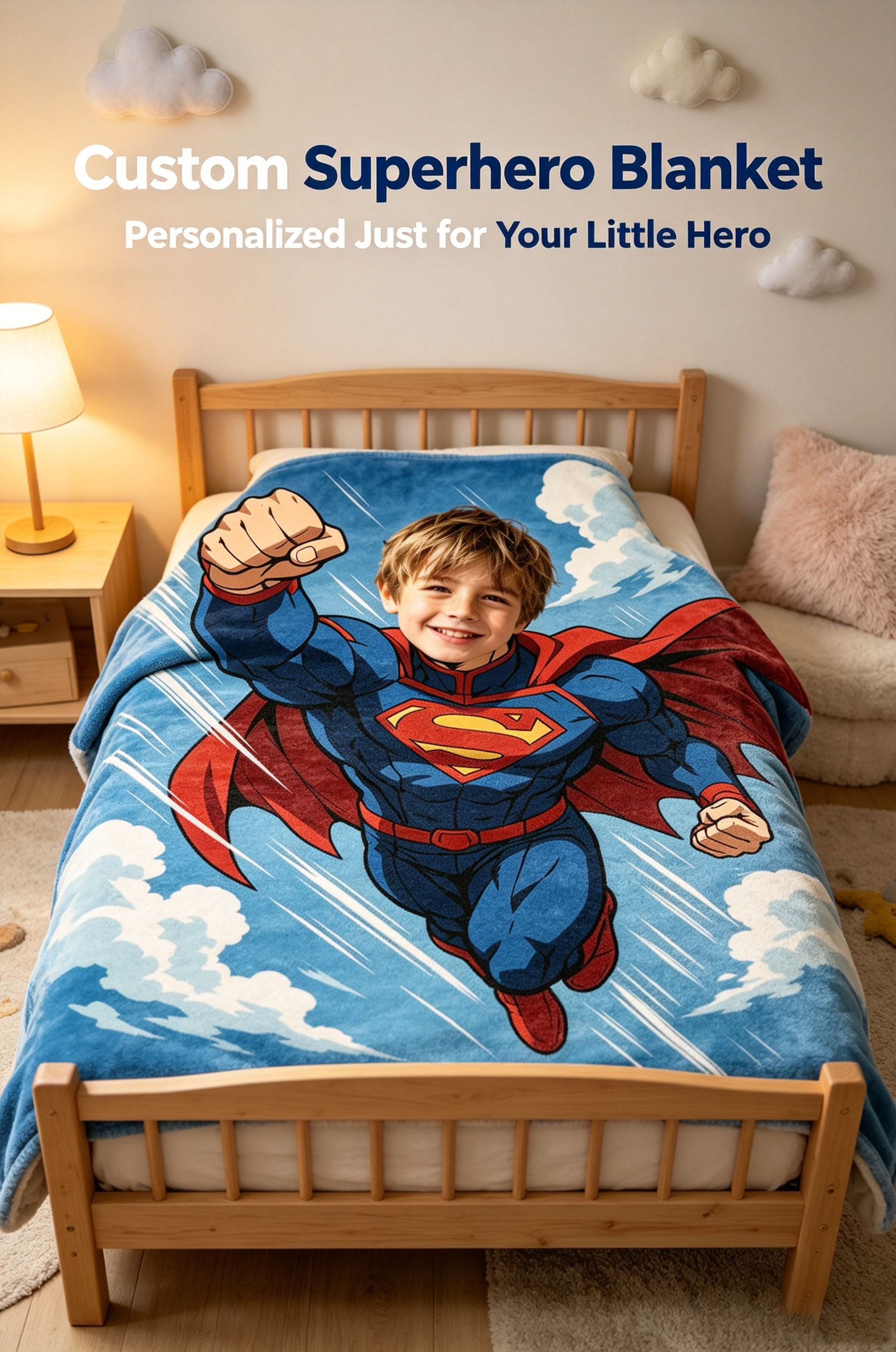 Custom Superman Photo Blanket, Turn Your Boy Into Superman, Personalized Upload Picture Flannel Throw, Unique Kids Birthday Gift