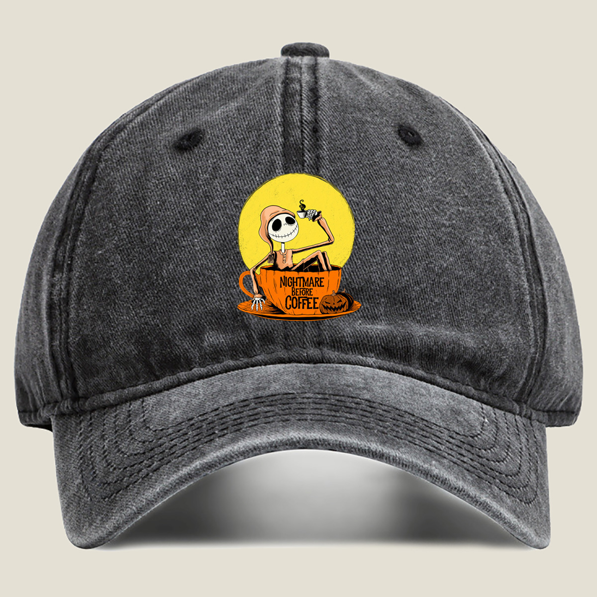 Jack Skellington in Coffee Cup - Nightmare Before Coffee - Washed Denim - Baseball Cap