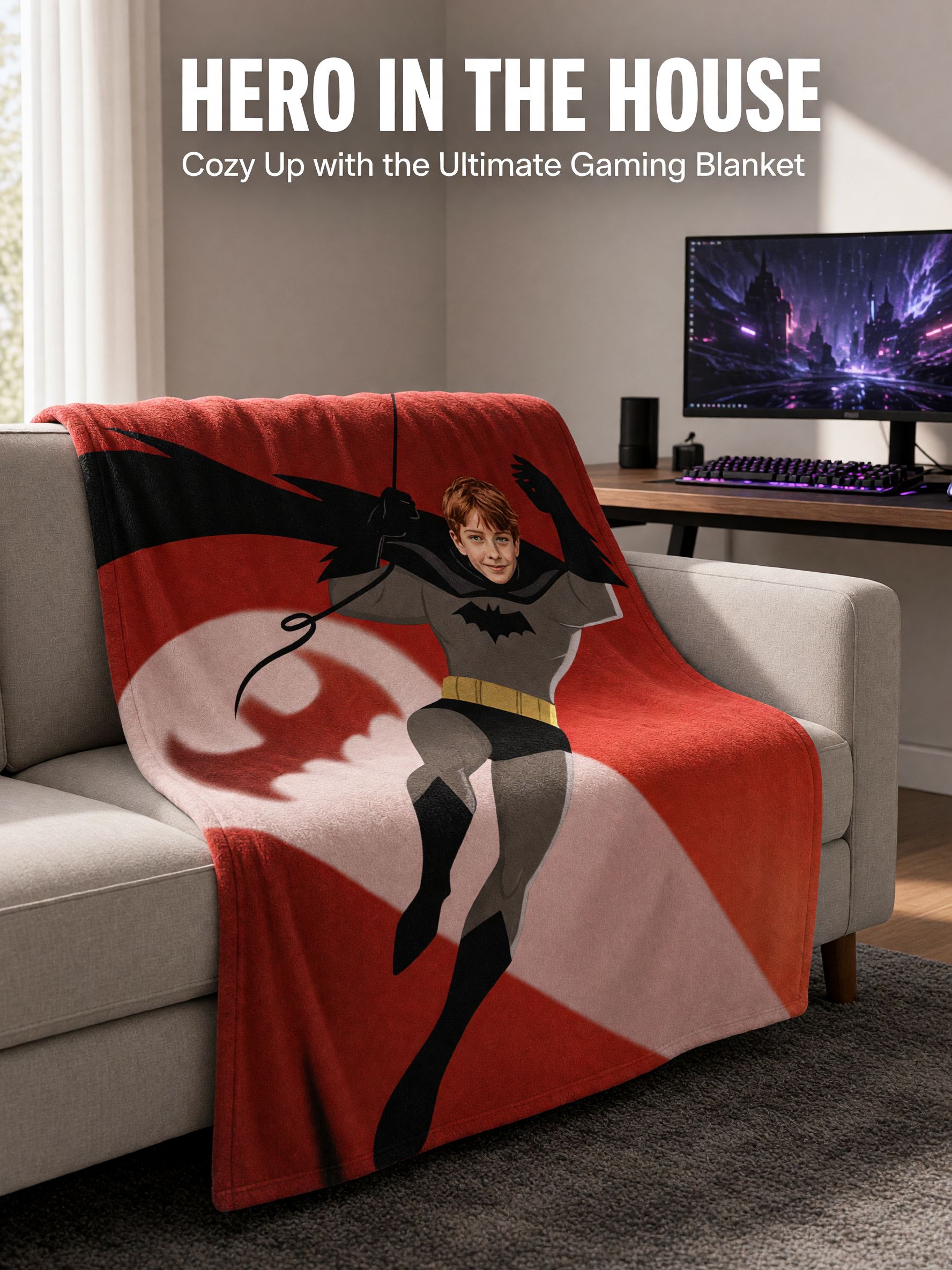 Custom Photo Superhero Flannel Fleece Blanket Personalized Face Portrait Throw Lightweight Anti-Pilling Cozy Bedding