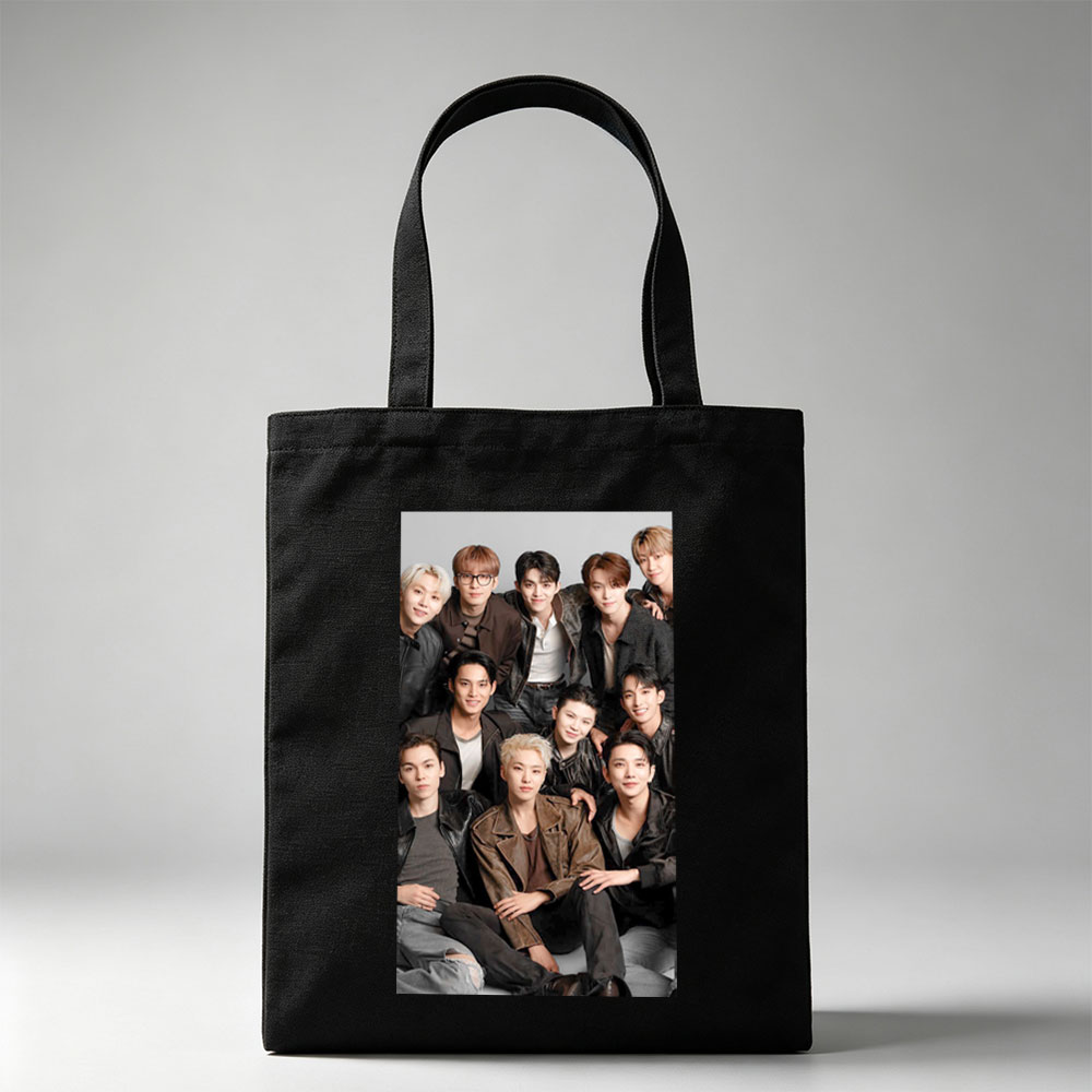 SEVENTEEN Group Photo - Members in Stylish Leather Outfits Posing Together for a Professional Shoot - Canvas tote bags