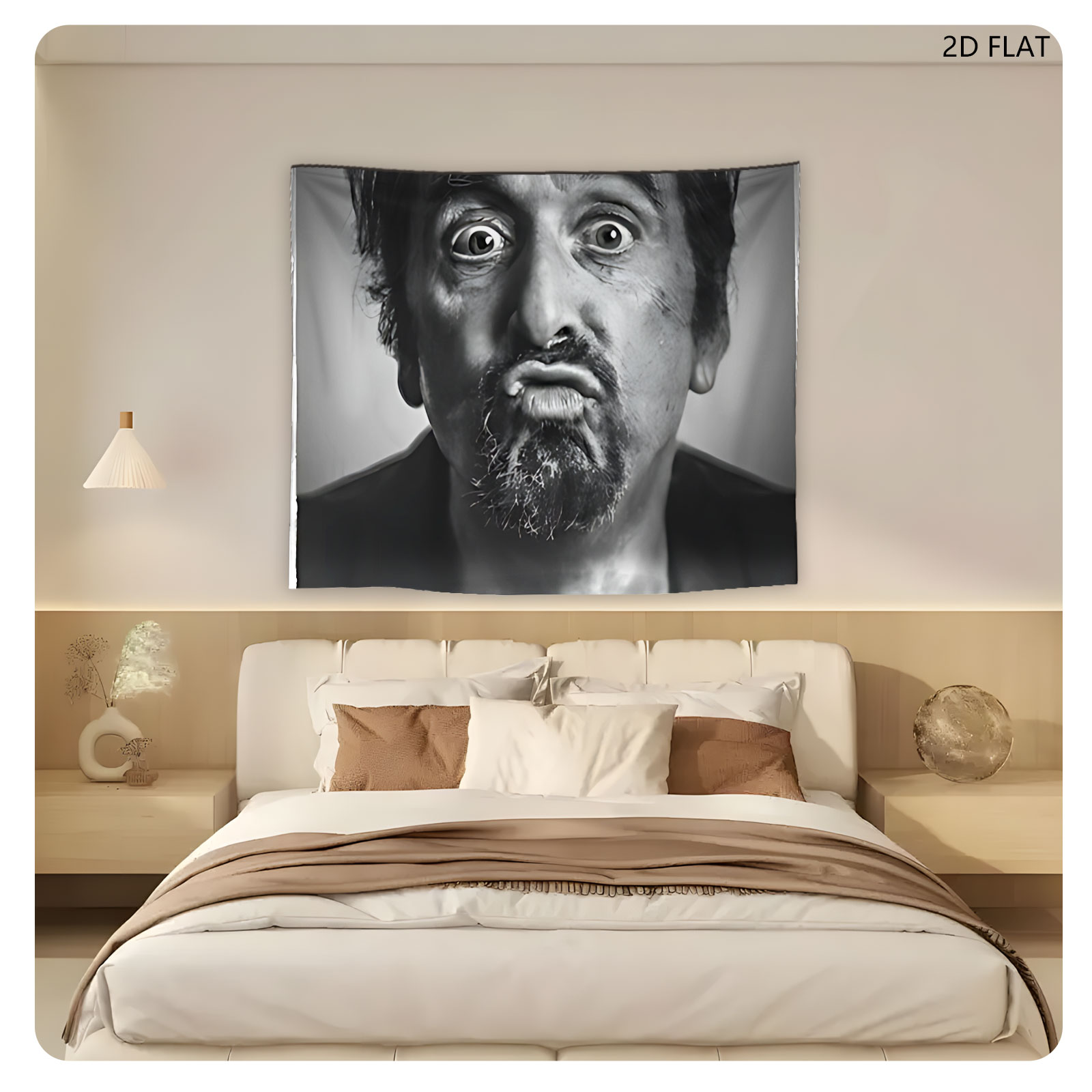 Al Pacino in a dramatic black-and-white portrait, displaying an intense expression with wide eyes and a furrowed brow. - Tapestry