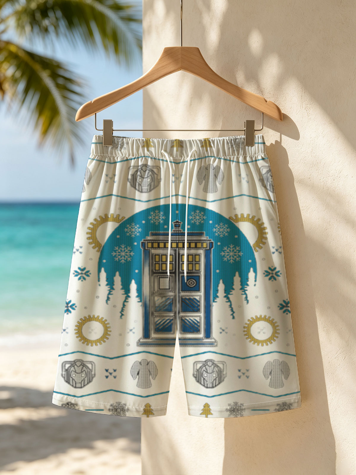 Doctor Who Christmas Sweater: TARDIS, Cybermen, Weeping Angels, and Snowflakes -  Beach shorts