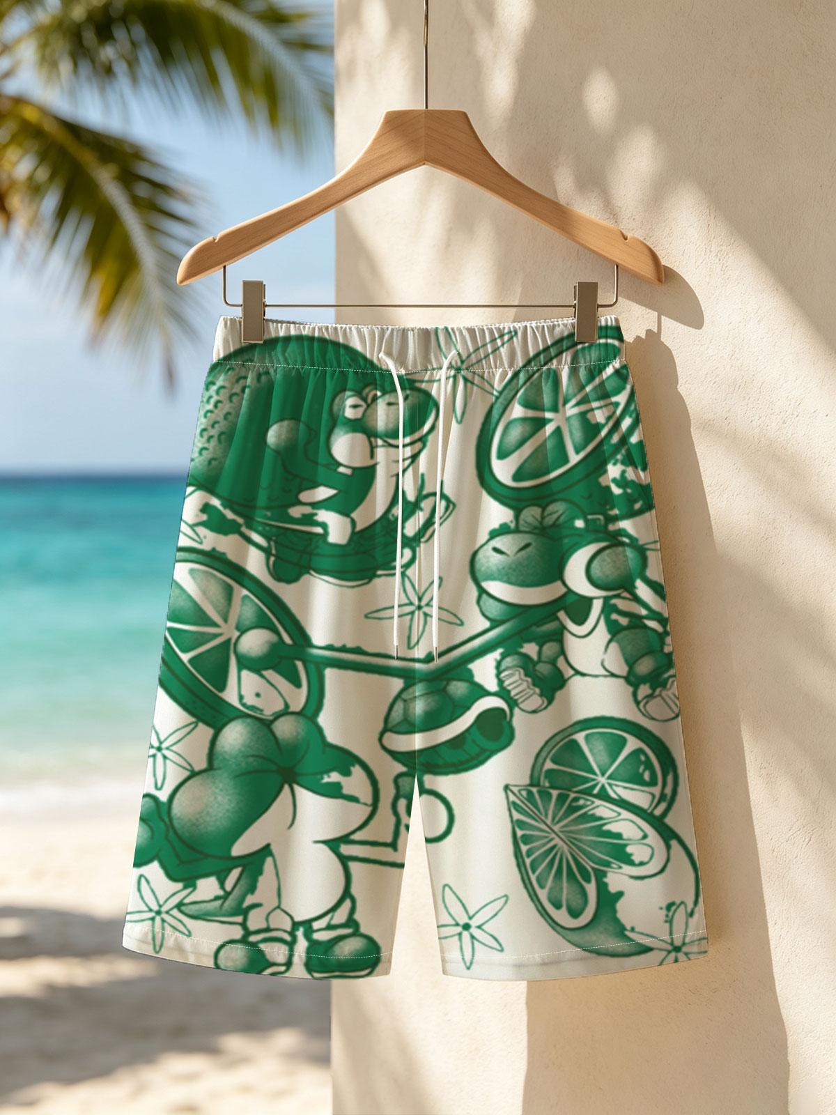 Green Koopas Riding Citrus Bikes with Starbursts -  Beach shorts