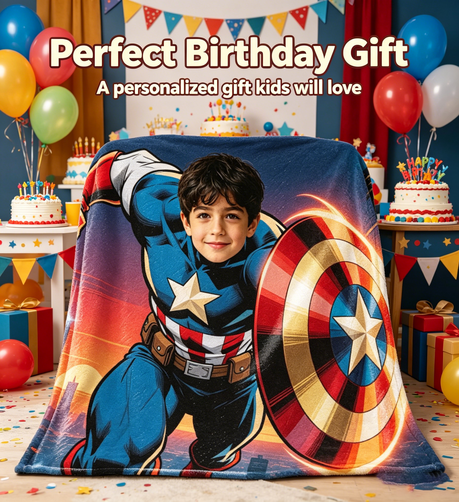 Personalized Captain America Custom Face Blanket | 280G Flannel Fleece Superhero Throw Blanket for Kids Boys Birthday Gift