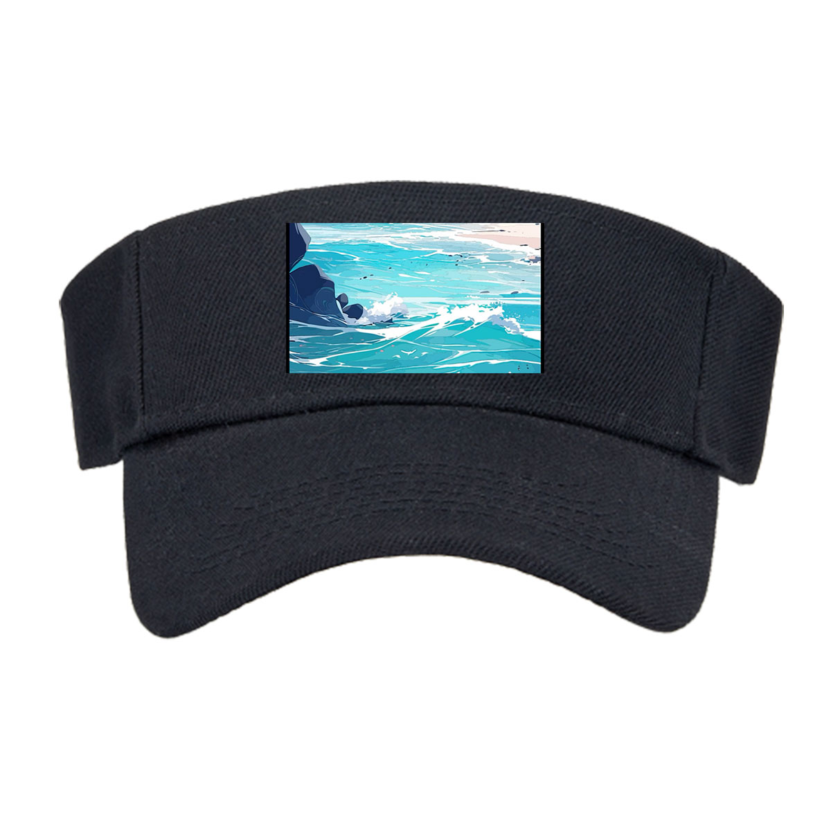 Turquoise waves crash on a rocky beach with distant city skyline and lush green hills under a bright sky. -  Visor cap