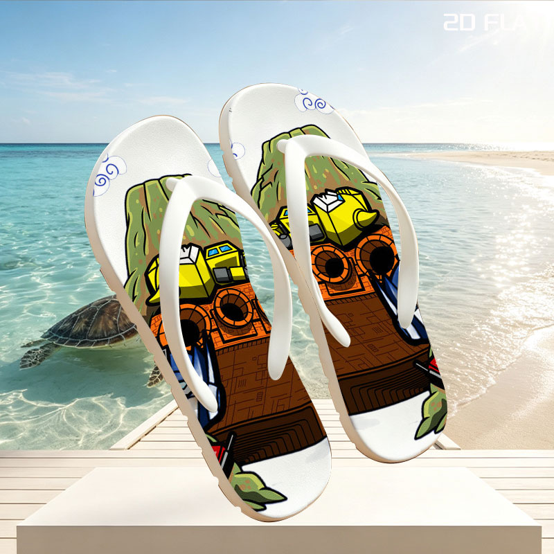 Optimus Prime and Bumblebee atop a mountain with a spaceship, cartoon style -  flip-flops