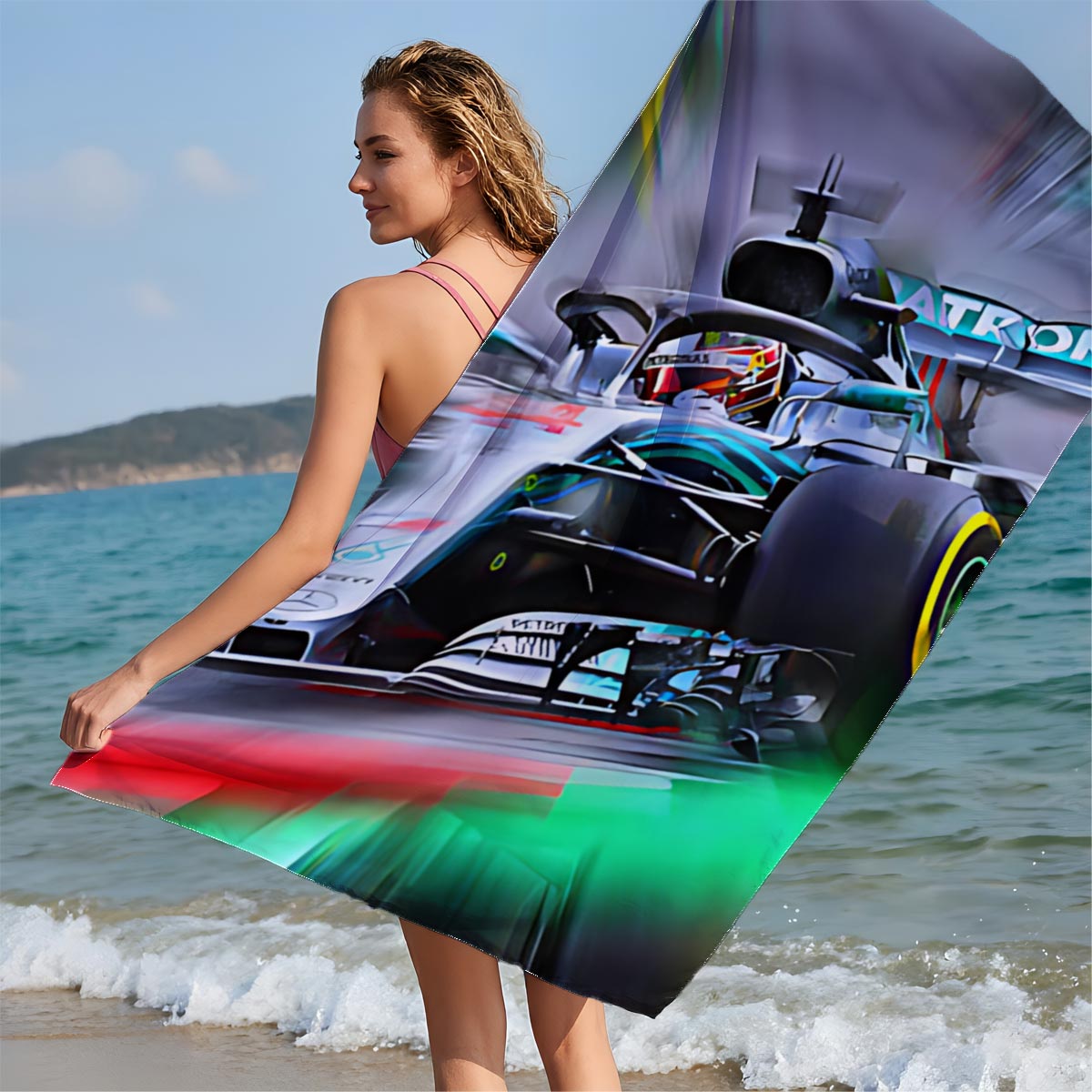 Mercedes-AMG Petronas F1 Car in High-Speed Action - Beach towels