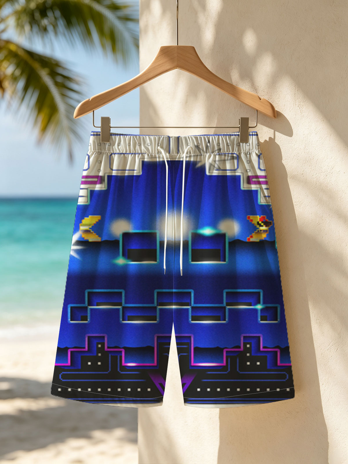 Pac-Man and Ghost in Neon Pixel Maze Adventure -  Beach shorts
