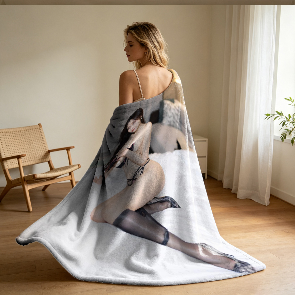 Blonde Woman in White Lingerie Posing in Library - Blanket