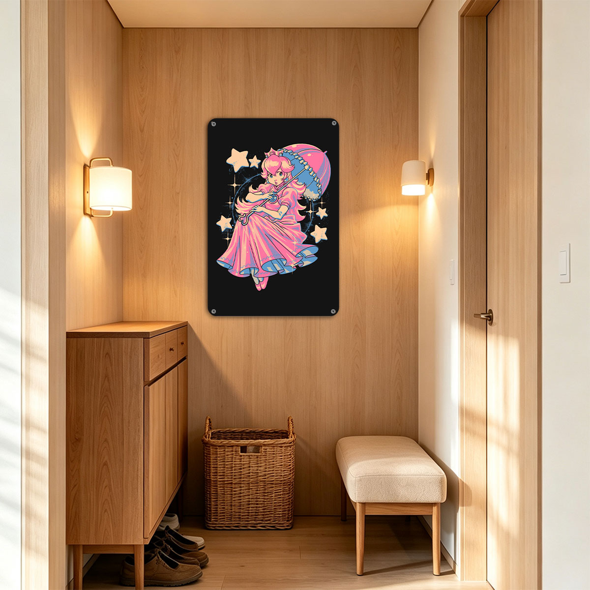 Princess Peach in Pink Gown with Umbrella and Stars - painting