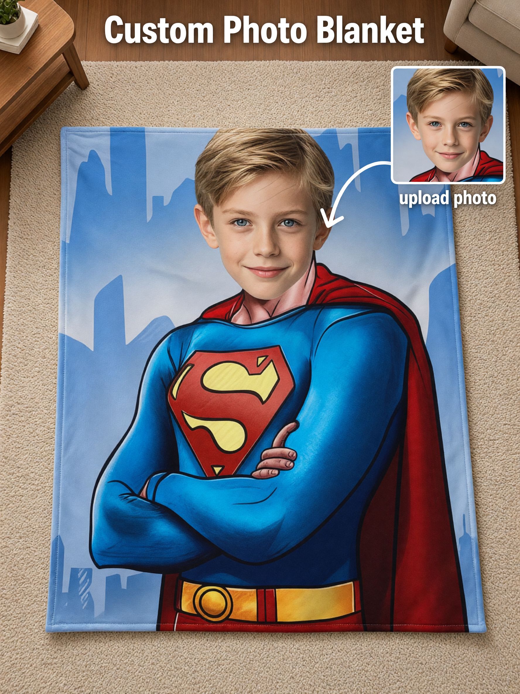Custom Photo Superhero Flannel Fleece Blanket Personalized Face Portrait Throw for Kids Adults Cozy Home Decor Gift