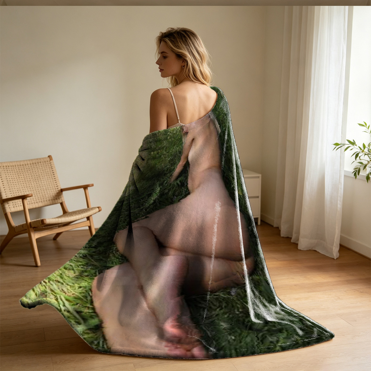 Blonde in pink lingerie sitting on vintage table. - Blanket