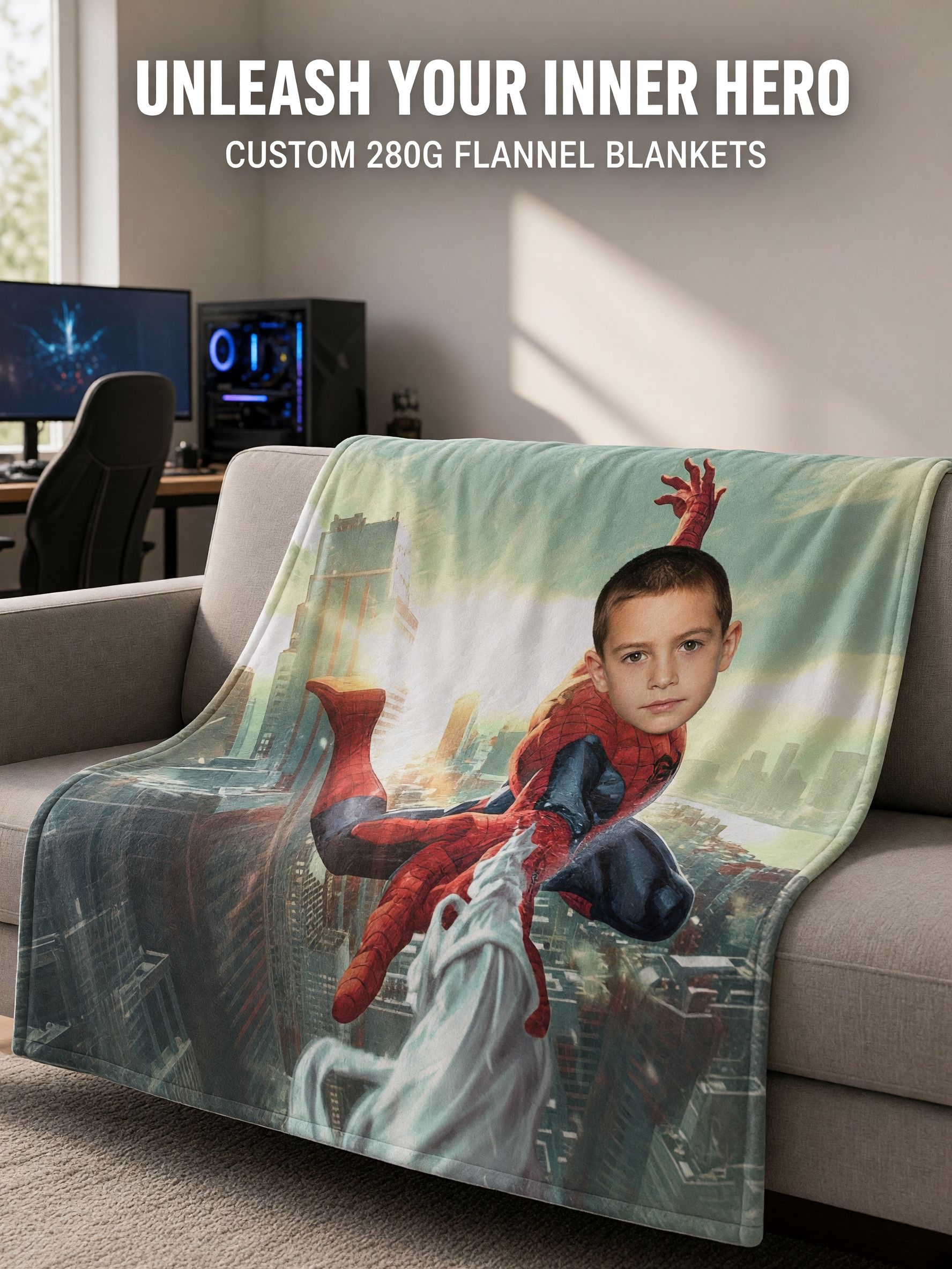 Personalized Face Superhero Flannel Blanket, Custom Photo Soft Plush Throw, Ideal Personalized Gift for Kids and Family