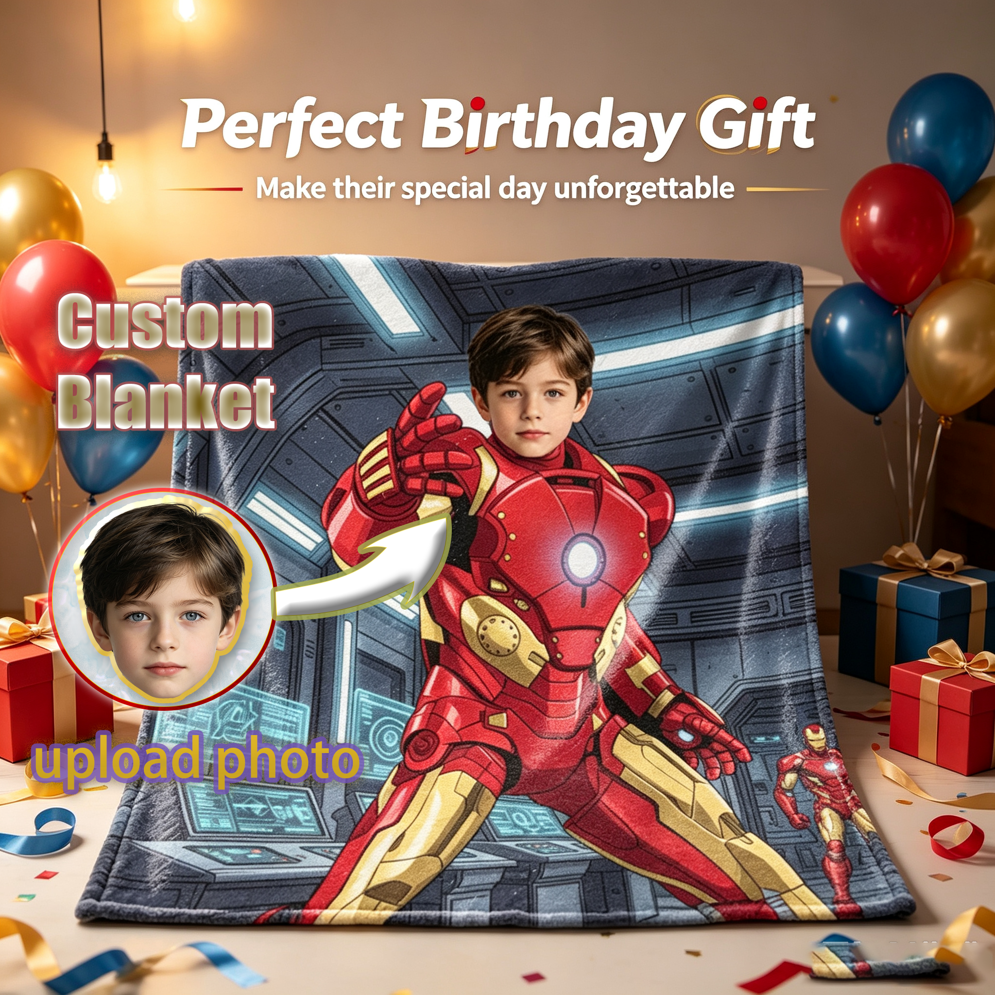 Custom Iron Man Photo Blanket, Personalized Kids Blanket Upload Photo, 280g Thick Flannel Throw Blanket, Superhero Custom Portrait Blanket, Birthday Holiday Gift for Boys