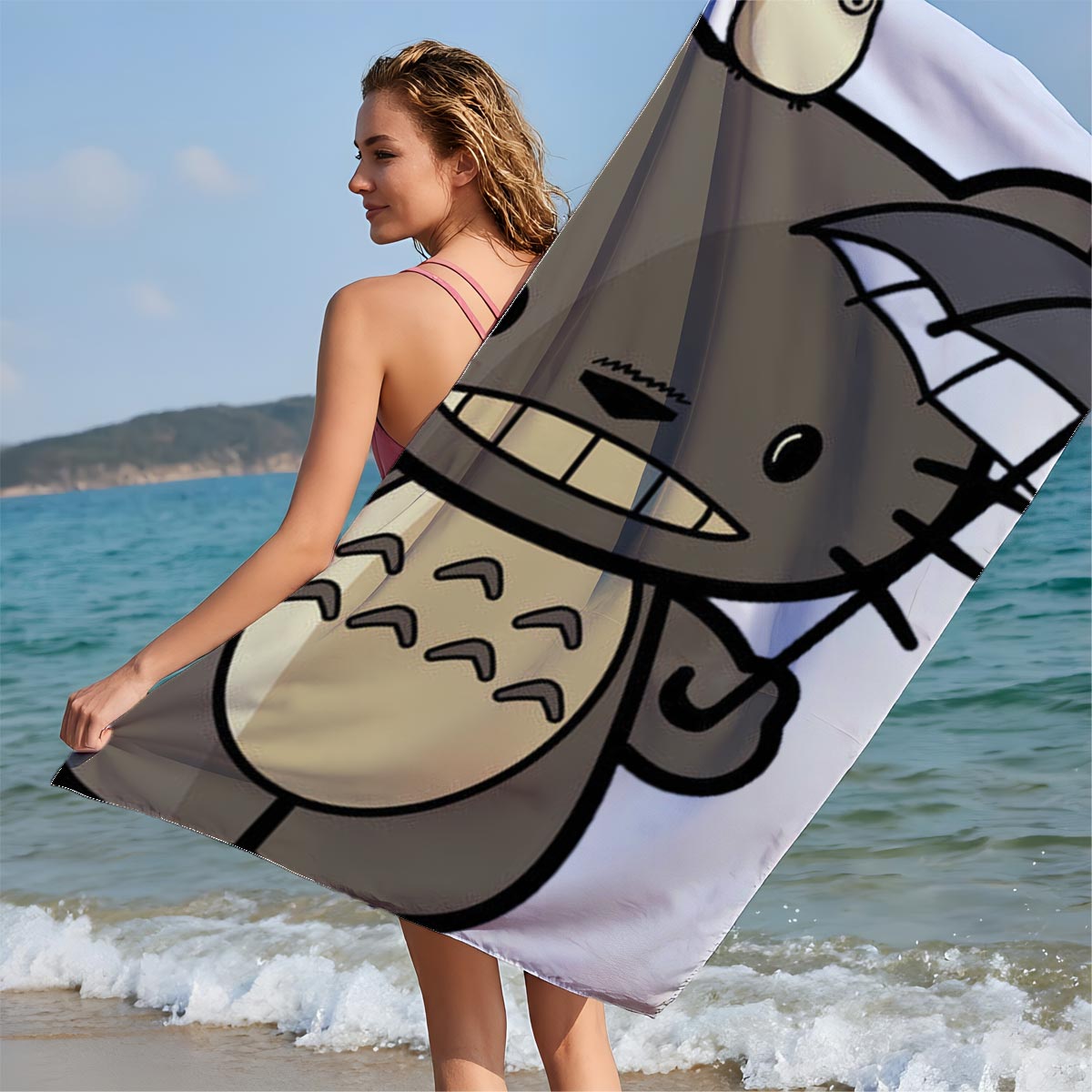 Totoro Holding Umbrella with Small Totoro on Head - Beach towels