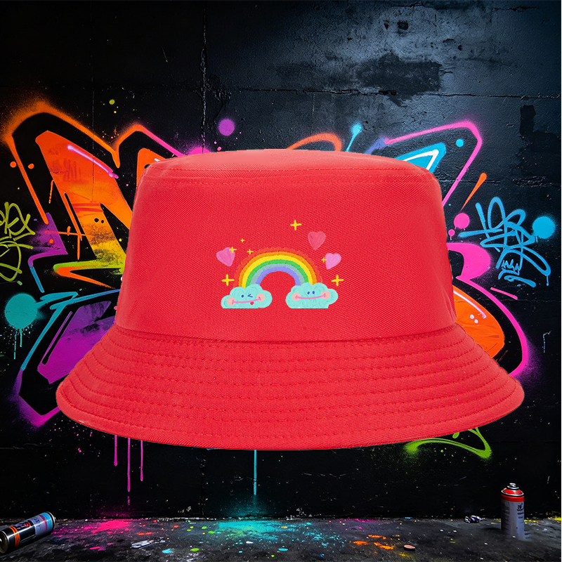 Unisex Rainbow Cloud Print Bucket Hat with Heart and Star Design - Classic Cotton Fisherman Hat for Outdoor Activities, Travel, Beach, and Daily Wear - Perfect for Youth, Teens, and Adults Seeking Fun and Stylish Sun Protection
