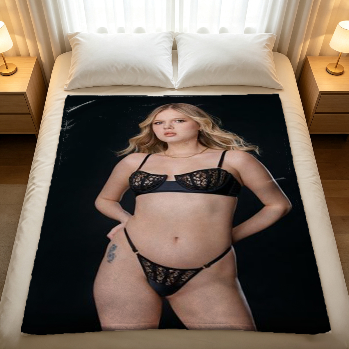 Two Women in Sheer Bodysuits Posing on Bed - Blanket
