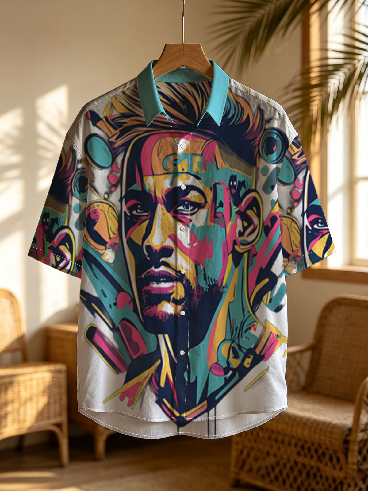 Colorful Abstract Portrait of a Man with Vibrant Patterns and Dynamic Elements -  Shirt
