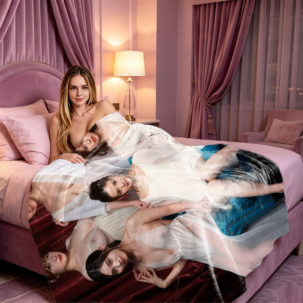 Two Women in Lingerie on a Couch - Blanket