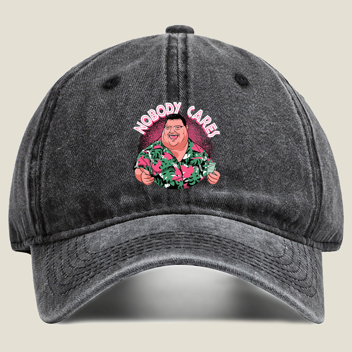 Nobody Cares - Fat Man in Hawaiian Shirt - Washed Denim - Baseball Cap