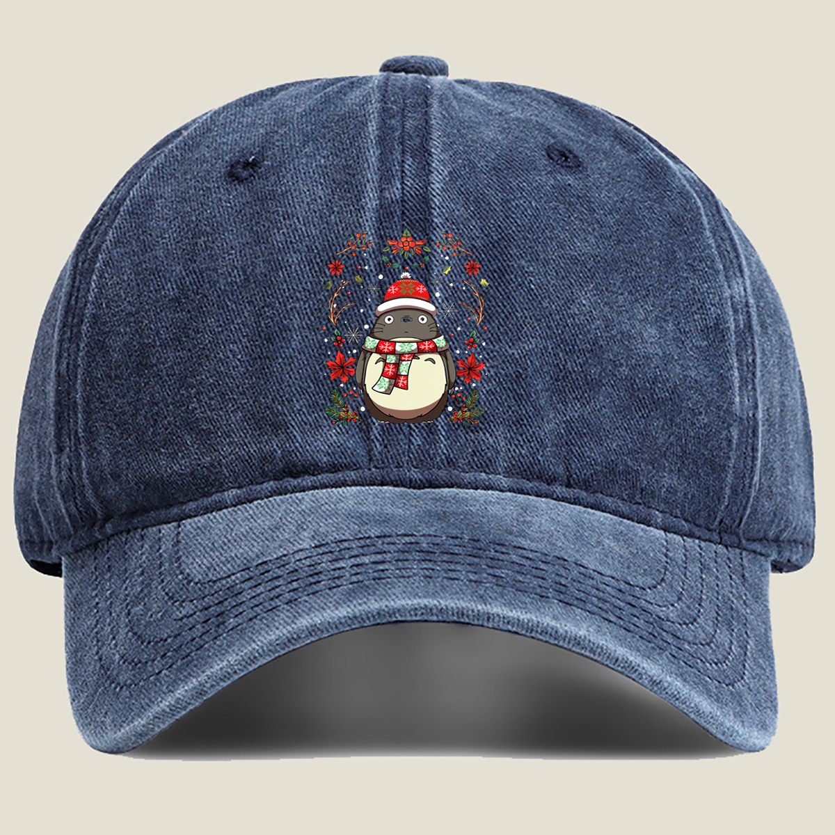 Totoro Christmas Holiday Design - Washed Denim - Baseball Cap