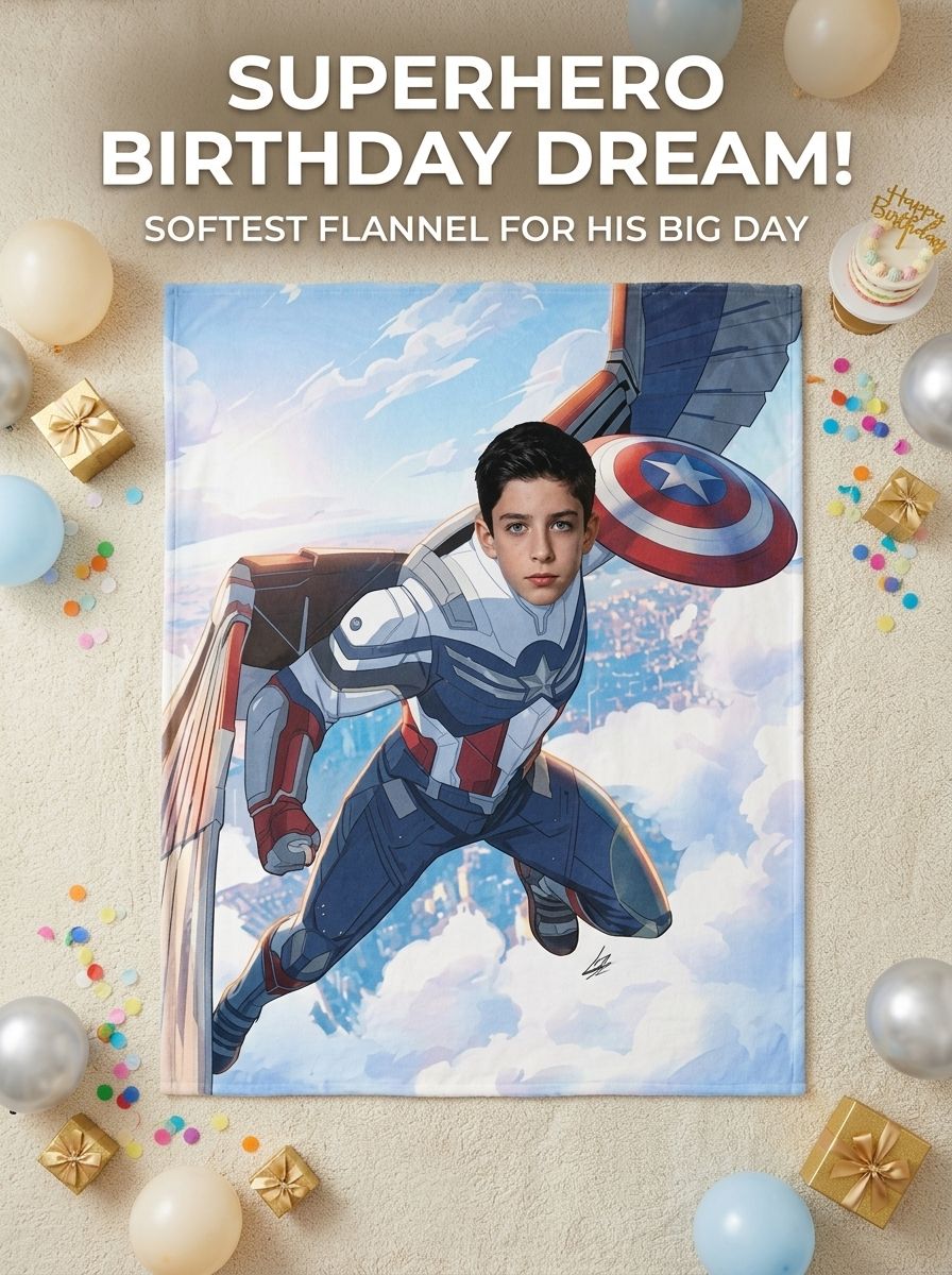 Custom Superhero Face Photo Blanket Personalized Flannel Fleece Throw Bedding Cover for Kids Boys Cozy Keepsake Gift