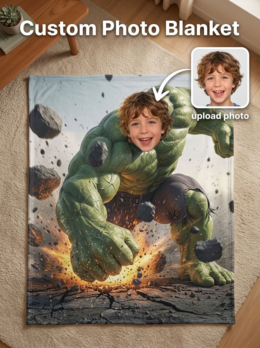 Custom Face Superhero Flannel Blanket Ultra Soft Cozy Smash Throw Personalized Photo Gift for Kids and Family