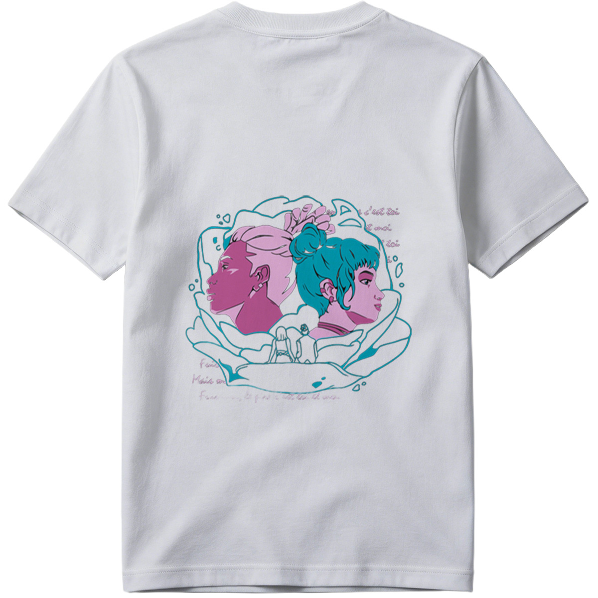 Two Women in Profile: A Stylized Artwork Featuring Pink and Teal Hair with French Text - Tee