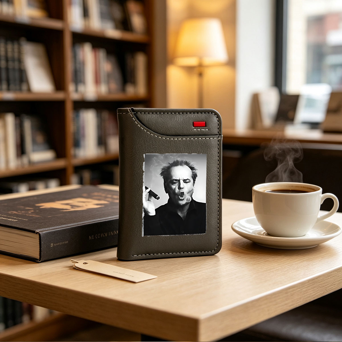 Jack Nicholson smoking a cigar, intense expression, black and white portrait - Vertical Style Wallet