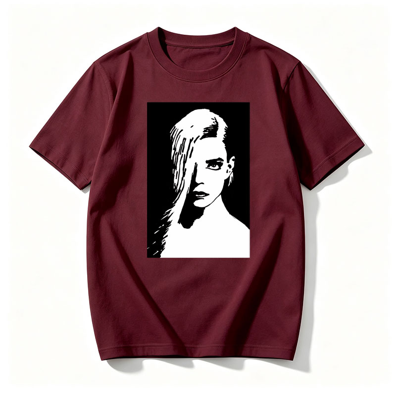 Stylized Black and White Portrait of a Woman with Long Hair - Tee