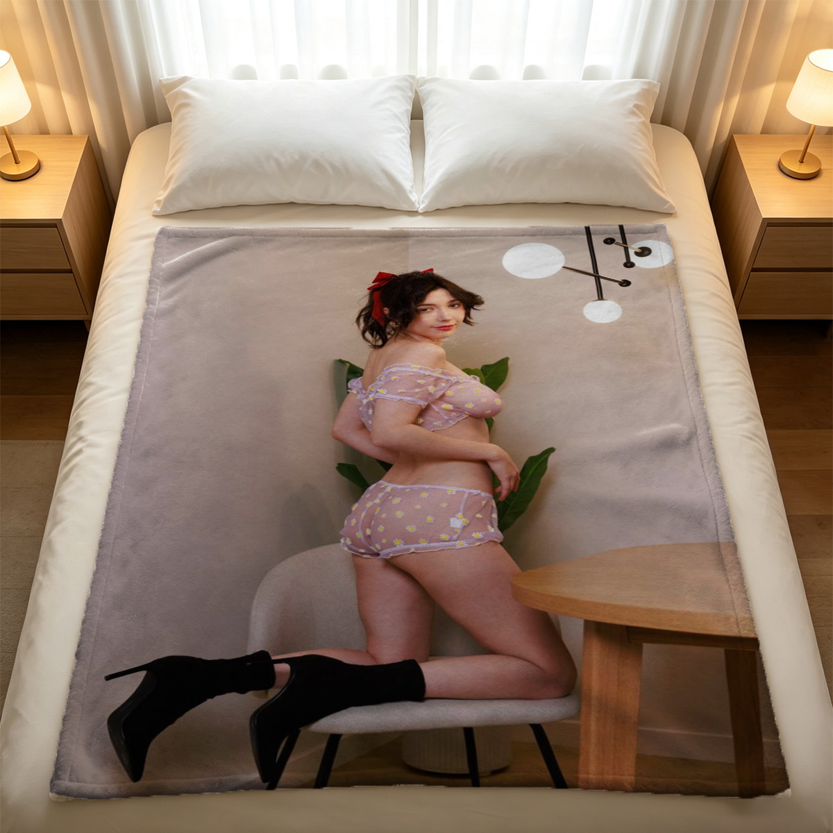 A seductive Chinese model in sheer blue lace lingerie and stockings poses on a bed. - Blanket