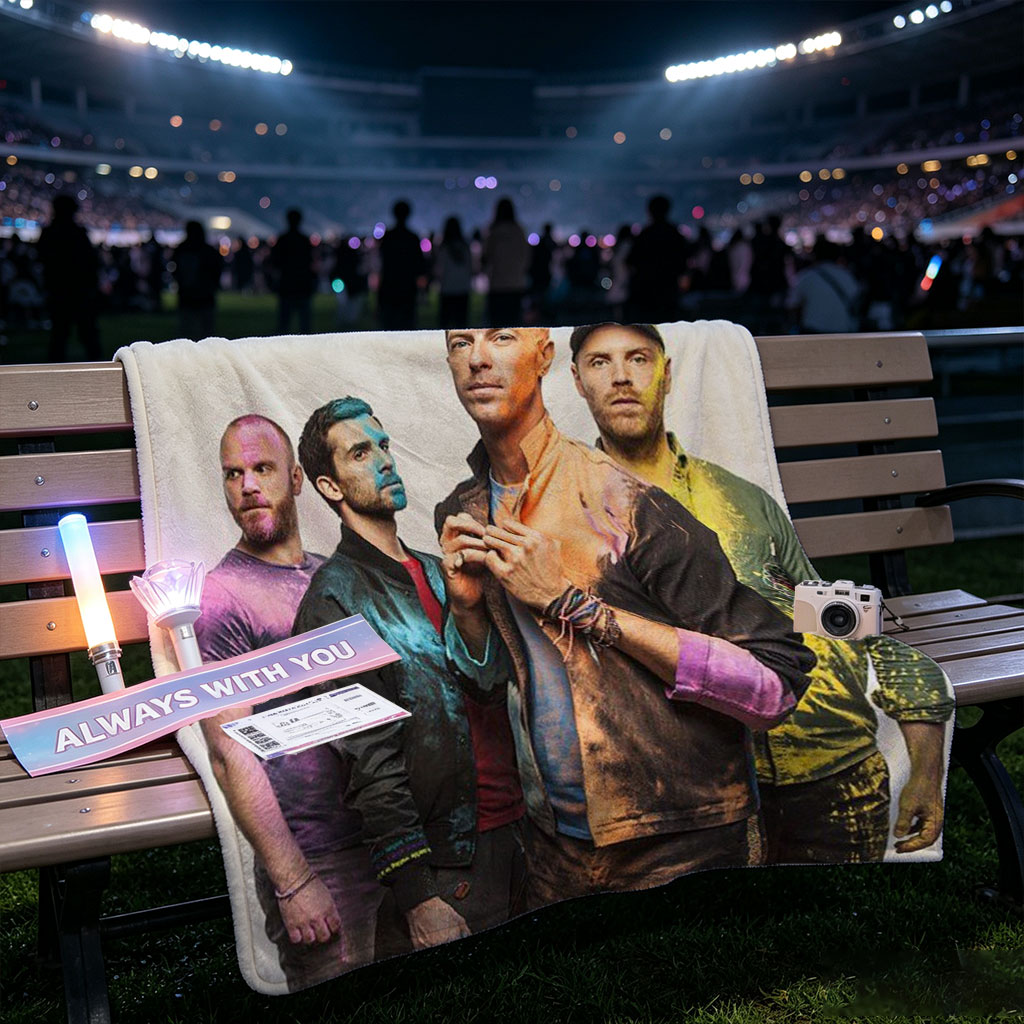 Coldplay Band Members in Colorful Painted Outfits Standing Together with Rainbow Logo Above - Blankets