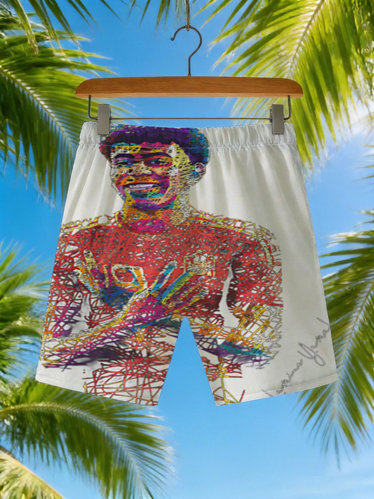 Lamine Yamal, vibrant line art portrait of the footballer in a red jersey with number 19, arms crossed, against a black background. -  Beach shorts