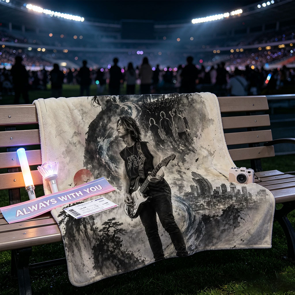 ONE OK ROCK TORU Live Performance Artwork Featuring Guitarist in Urban Landscape with Band Members and Cityscape Background - Blankets