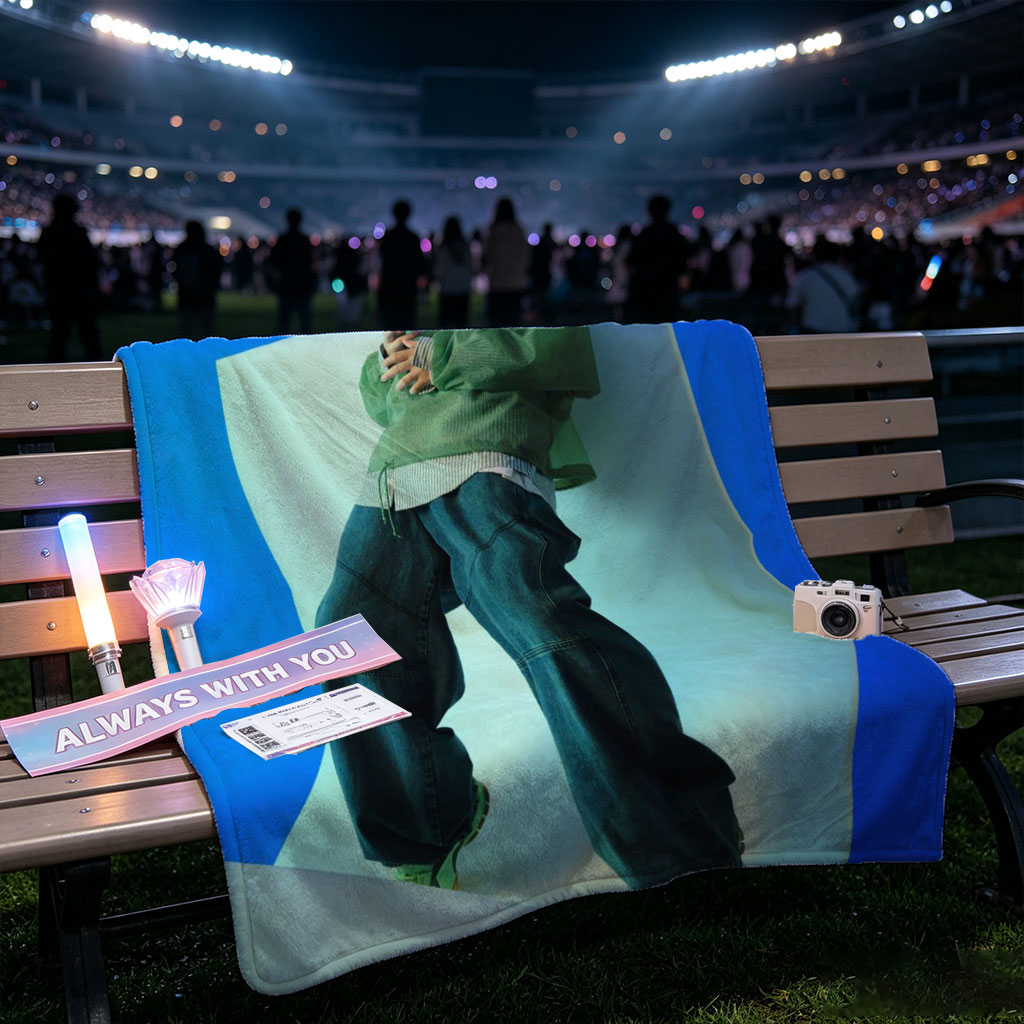 Jaden Smith in a Fashion Shoot Wearing Oversized Green Jacket and Baggy Jeans Against a Blue Background - Blankets