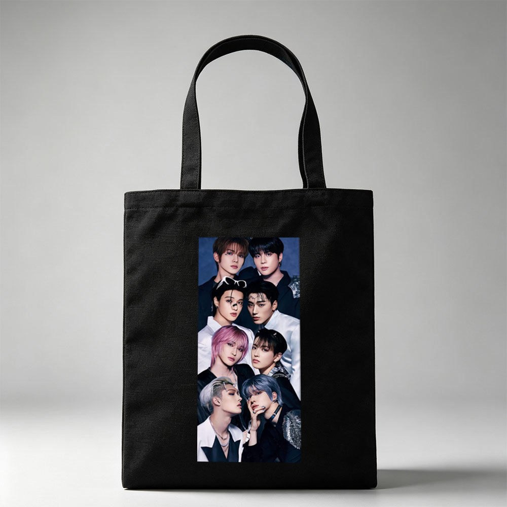 Stray Kids Group Portrait in Stylish Black and White Outfits with Bold Hair Colors and Fashion Accessories - Canvas tote bags