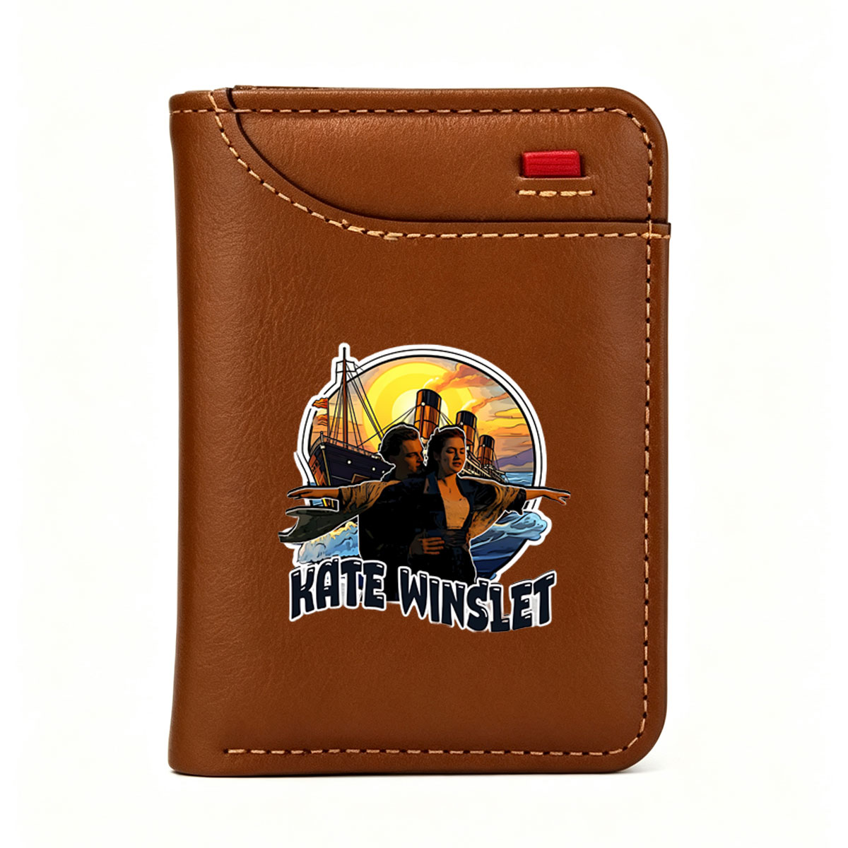 Kate Winslet as Rose in Titanic with Leonardo DiCaprio, iconic ship scene at sunset - Vertical Style Wallet