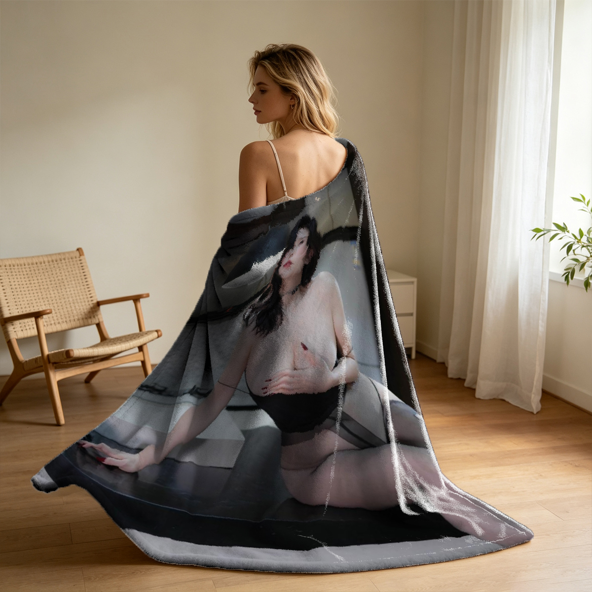 Pink Bunny Girl Cosplay on Bed - Blanket